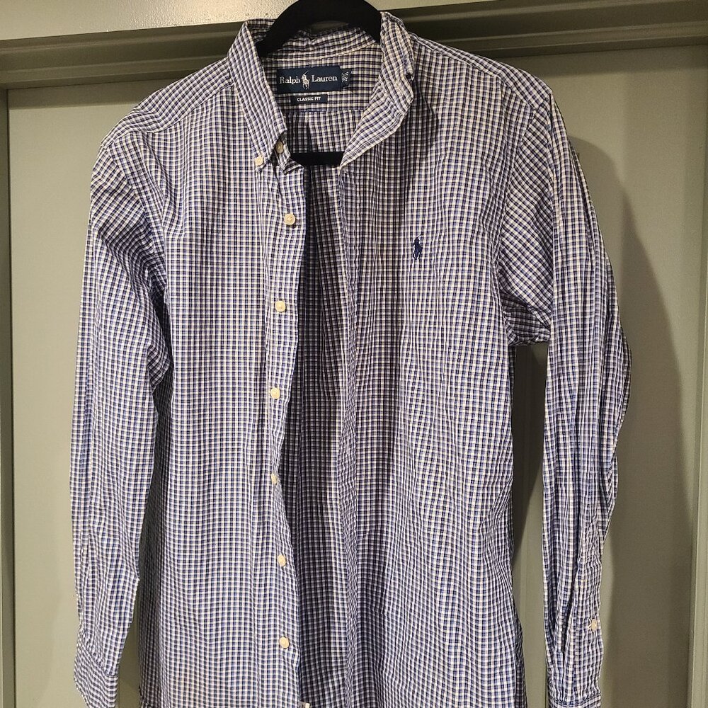 Ralph Lauren Shirt Mens Large Blue White Plaid Business Casual Preppy